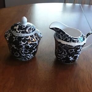 Sugar and creamer, Black and white intricate design